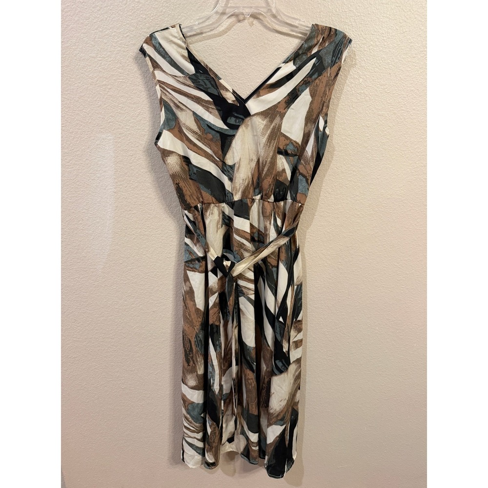 SHEIN Women Brushstroke Print Midi Dress Brown Black V-Neck Belted Size 6